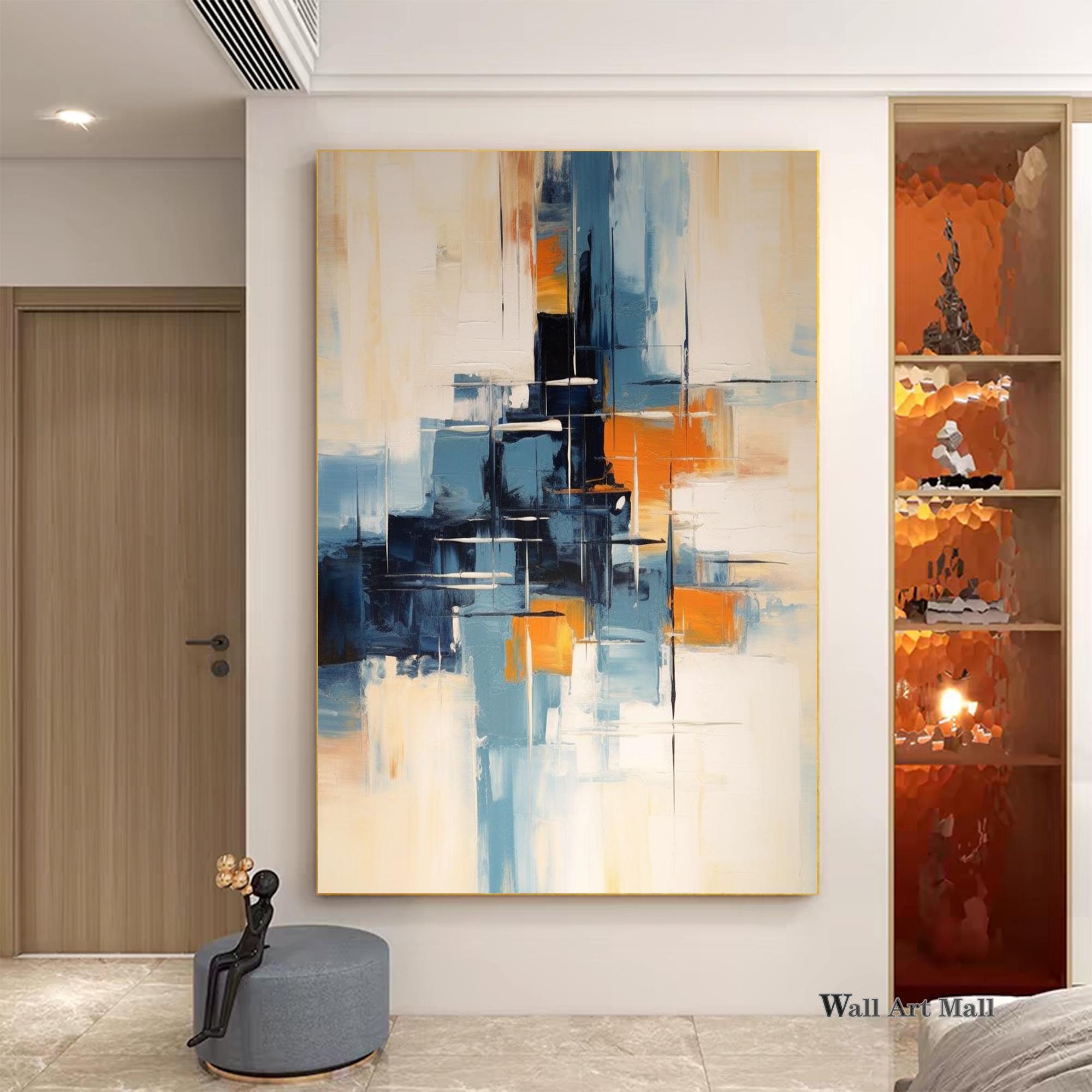 抽象画 キャンバス オレンジ ベージュ ベージュの抽象キャンバス絵画、大きな青オレンジのミニマリスト抽象