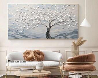 V-inspire Handgemaltes Leinwandbild 61x121 Cm – Moderne Baumkunst, Acryl & Öl, Graue Deko Für Wand