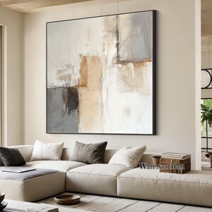 Large Grey and Beige Abstract Canvas Painting Beige Textured Minimalist ...