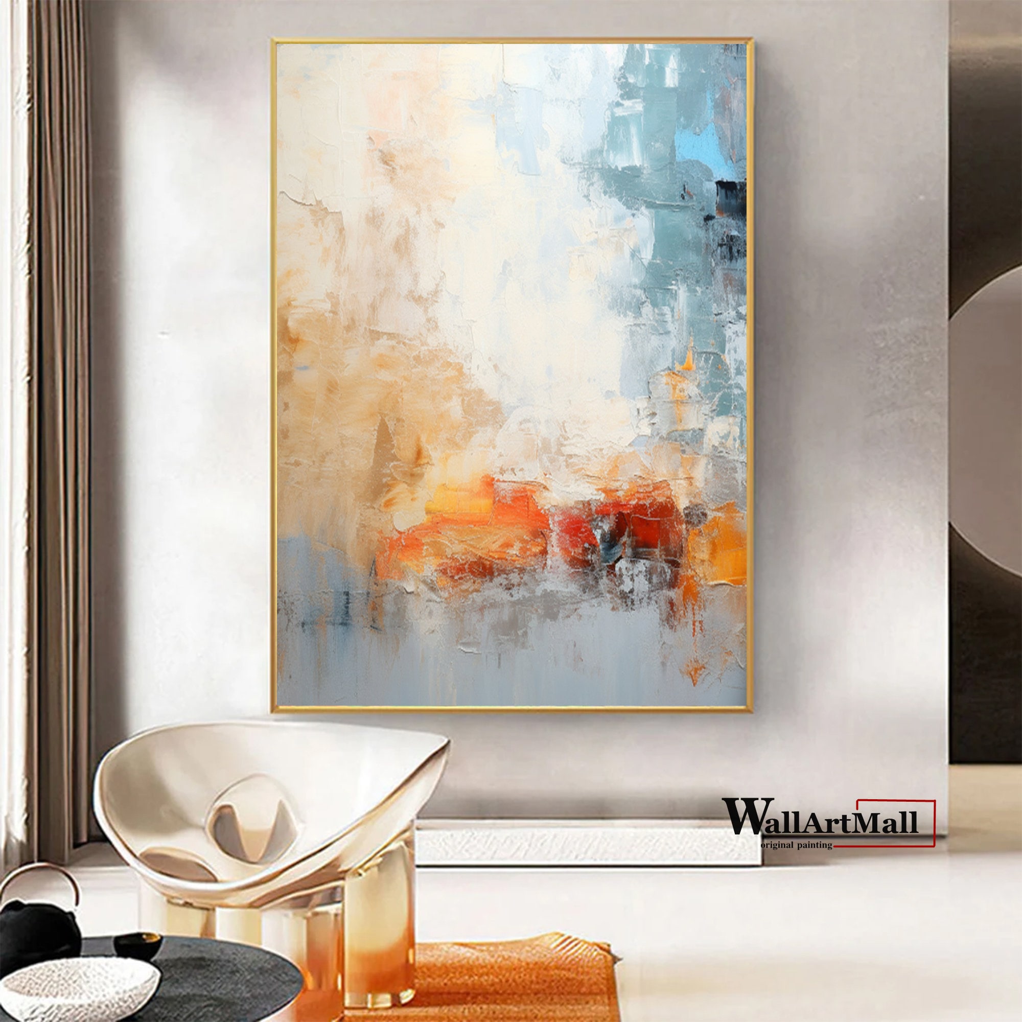 大きなカラフルな抽象画 モダンな青とオレンジの抽象画 壁アート