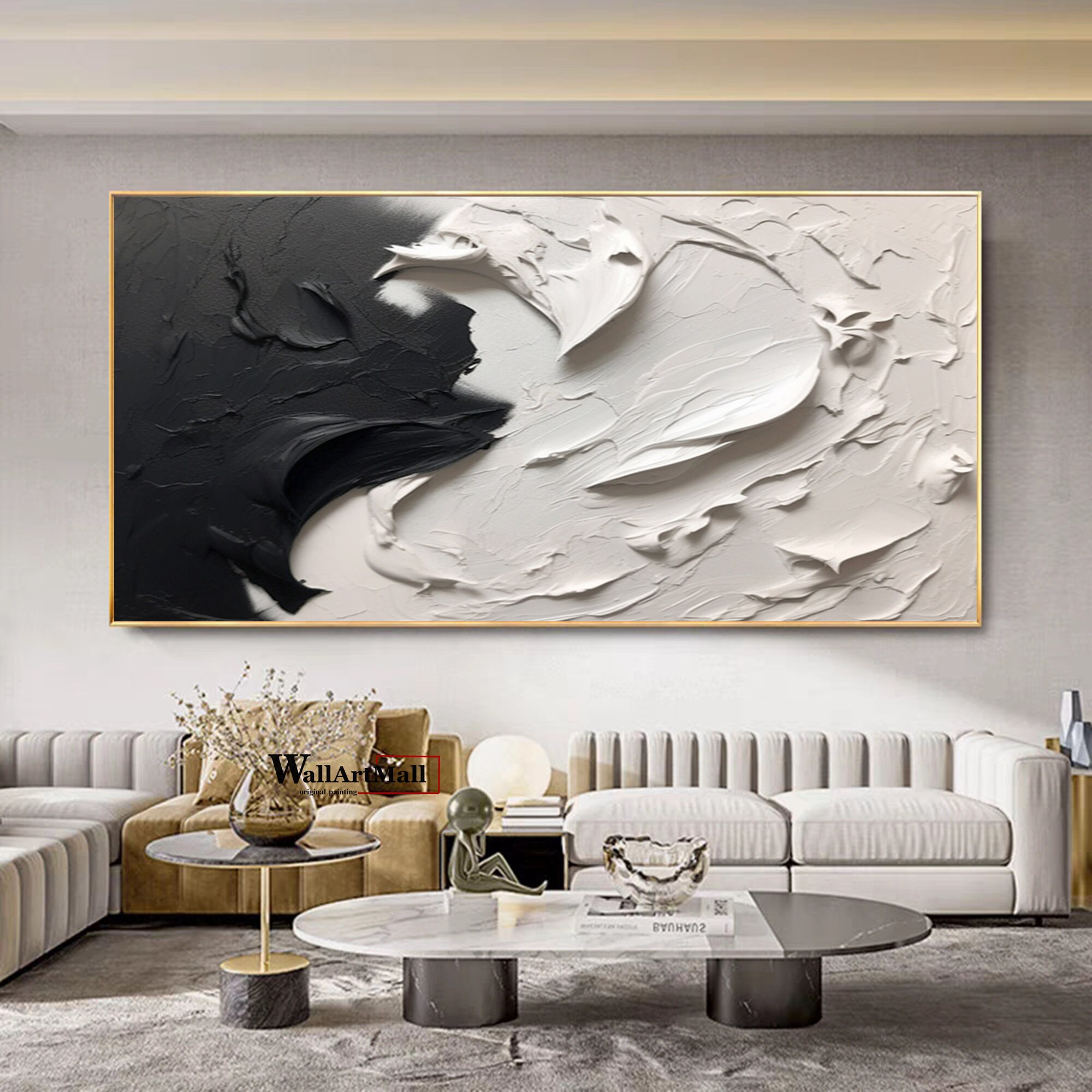 Large Original Black and White Textured Abstract Painting Black and