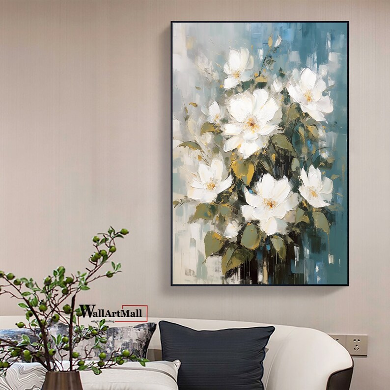 Abstract Flower Painting on Canvas Large Wall Art Original White Flower ...