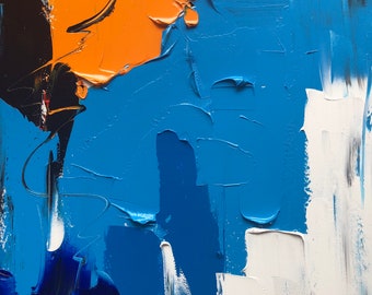 青とオレンジの抽象画 青いテクスチャの絵画 白いアクリル画