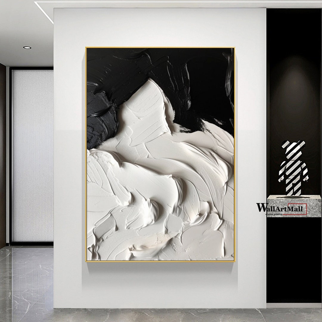 3D Black and White Abstract Texture Painting Large Abstract Wall Art ...