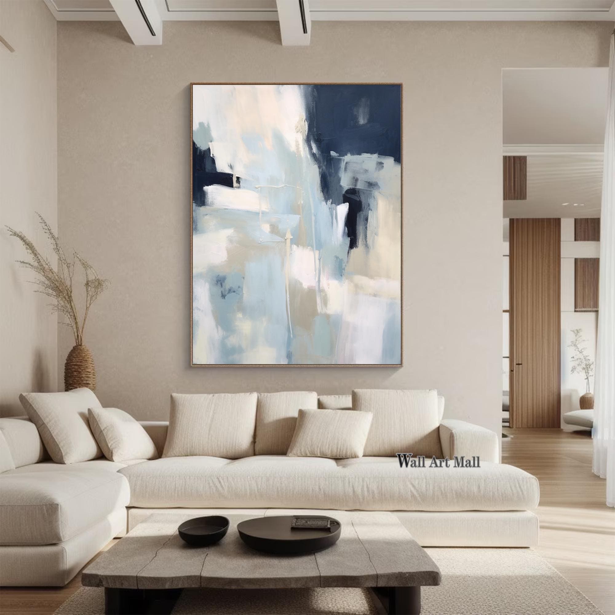 Large Blue Wall Art Abstract Blue and Yellow Textured Canvas Art Modern ...