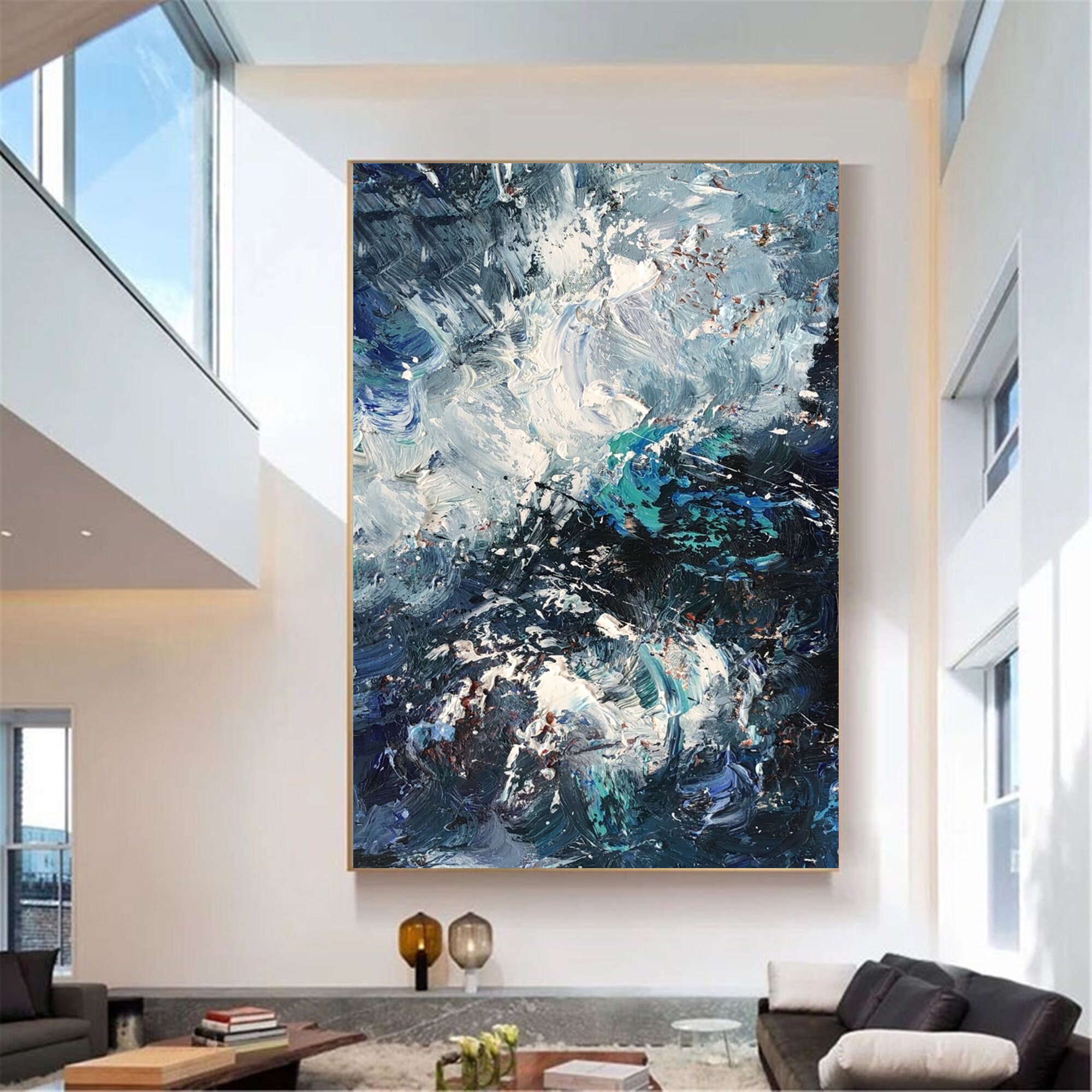 大きなオリジナル抽象画 青いテクスチャの抽象画 青いテクスチャの抽象