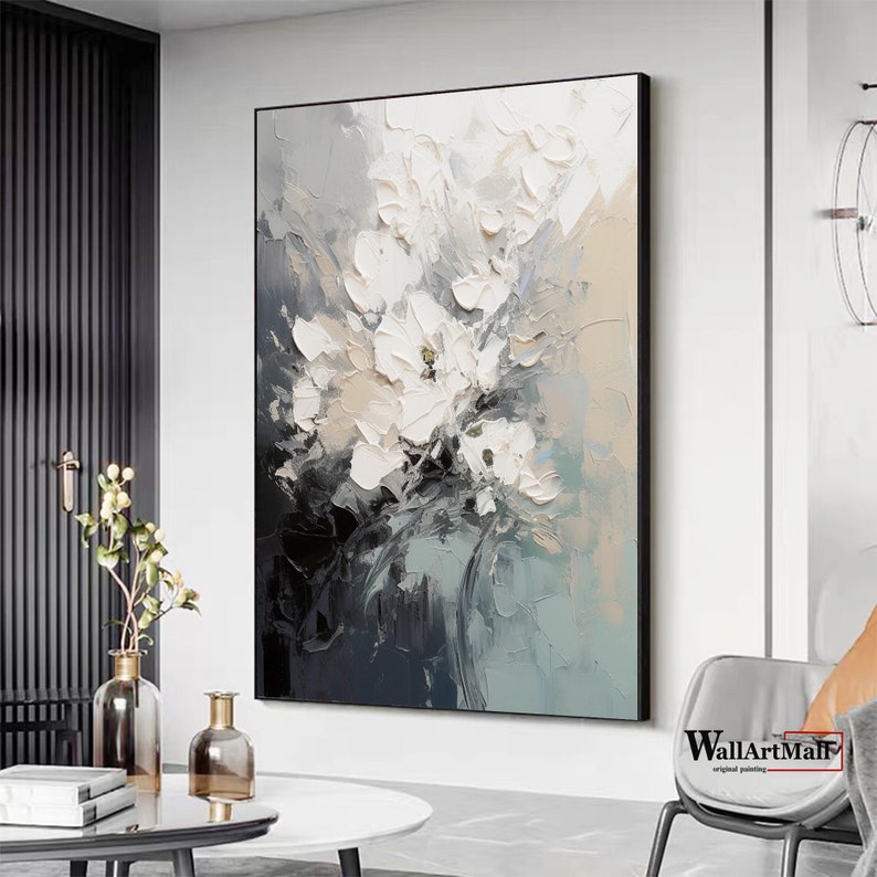 Peinture de fleurs abstraites épanouies Grande peinture texturée noir et blanc 3D blanc texturé Art mural abstrait peinture originale de fleurs image 5