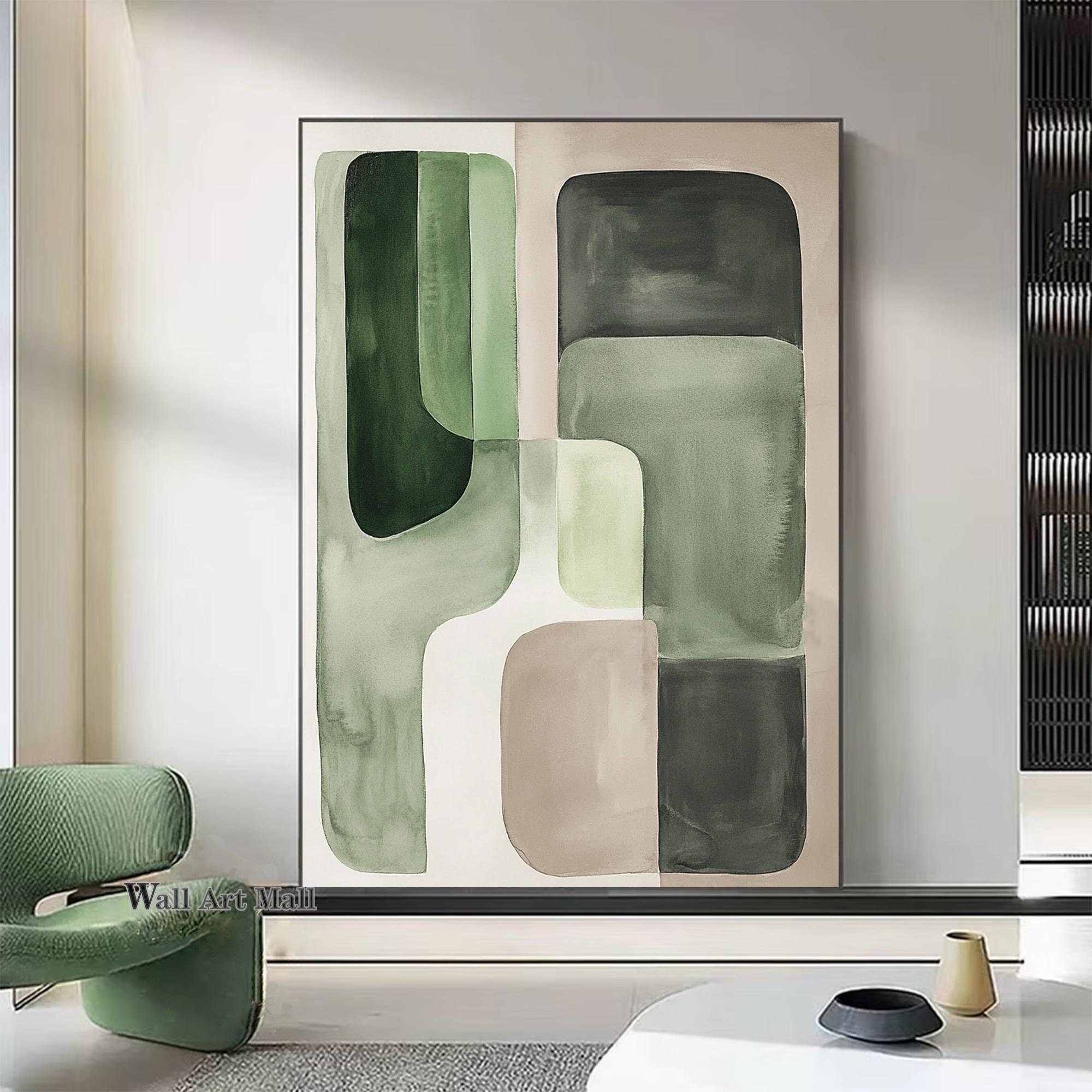 幾何学的抽象画 緑色 大きなダークグリーンの抽象画 壁掛けアート 緑と