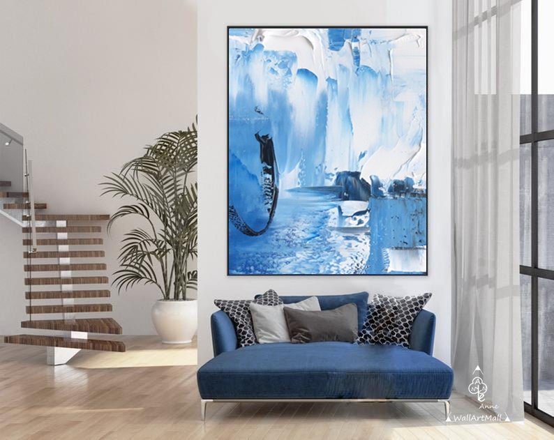 Large blue abstract painting light blue and white painting | Etsy