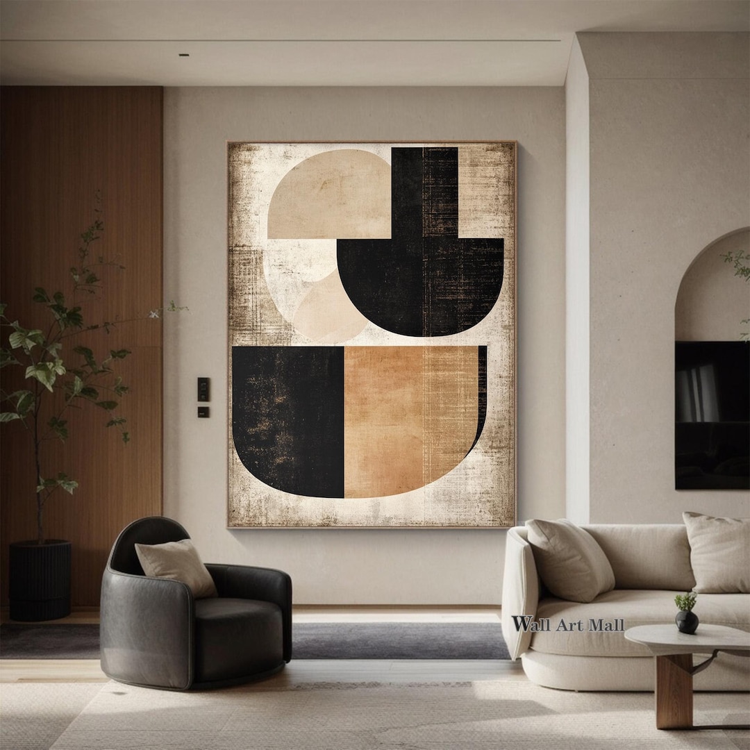 Large Black and Brown Abstract Painting Beige Wall Art Minimalist ...