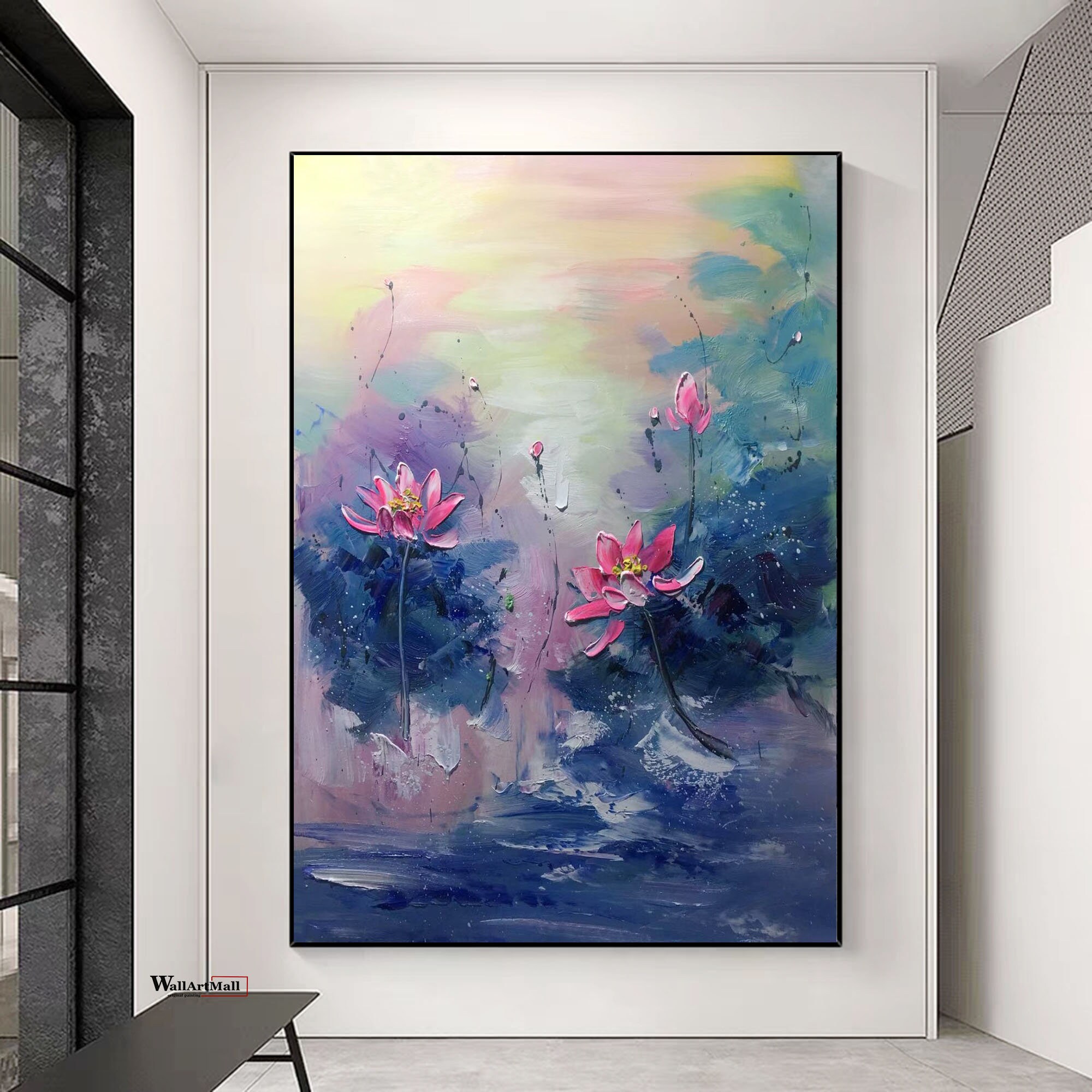 蓮の絵 大きな蓮の風景画 抽象画 蓮の抽象画 壁アート モダンアクリル