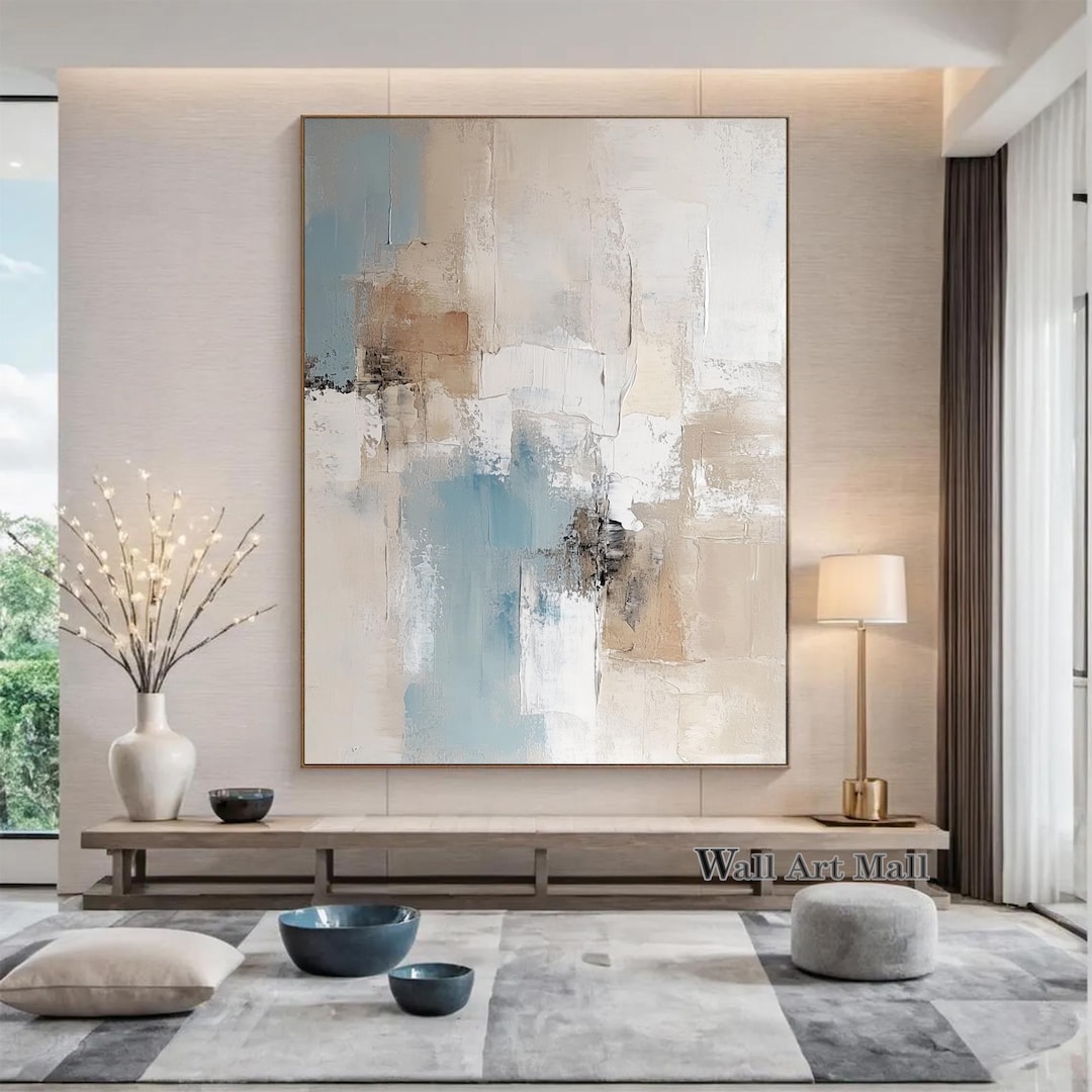 Abstract Blue Painting Large Blue and Beige Textured Wall Art Large ...