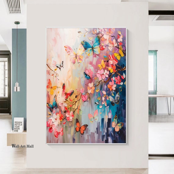 大きな 花と蝶の絵画 カラフルな花と蝶の抽象的なテクスチャ