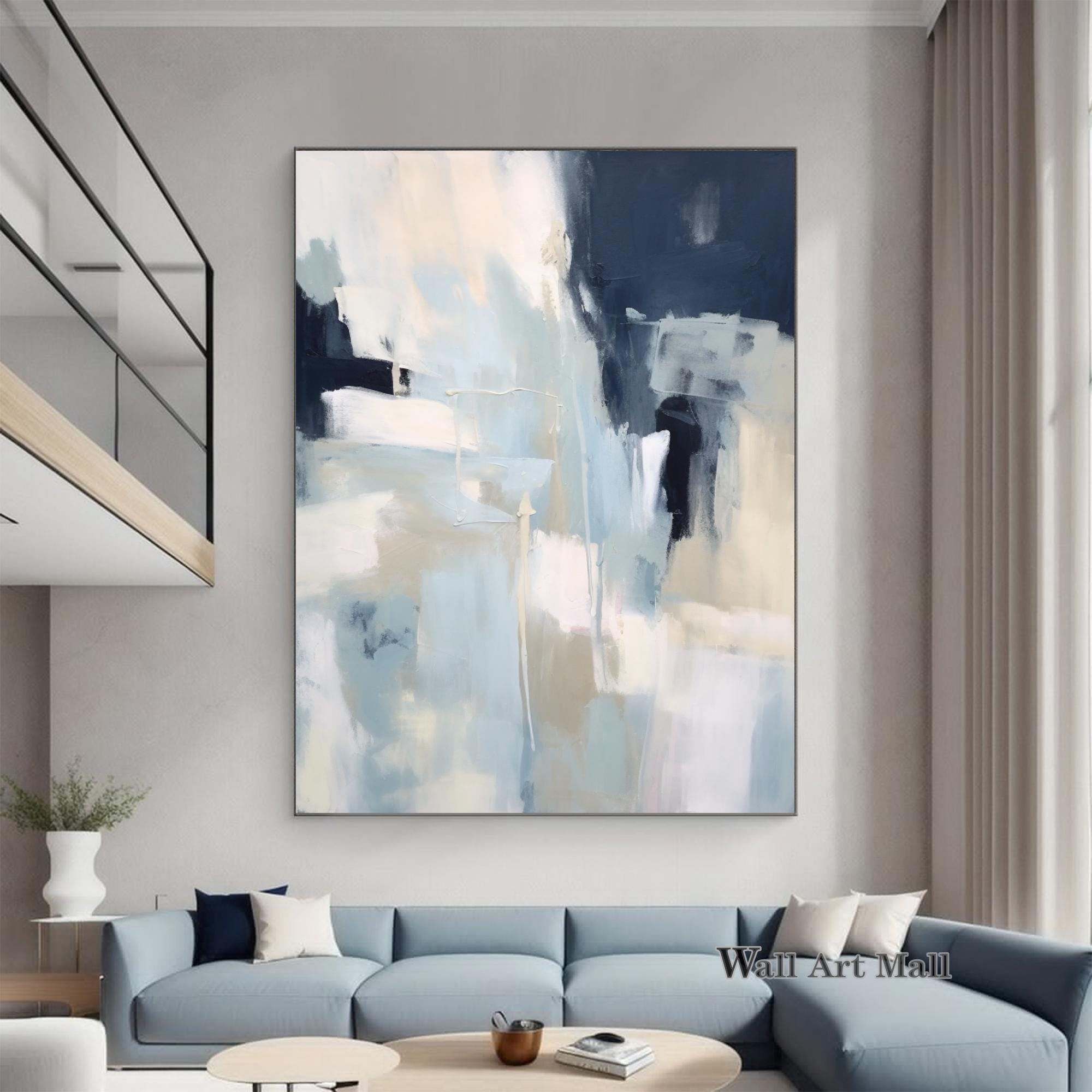 Large Blue Wall Art Abstract Blue and Yellow Textured Canvas Art Modern ...