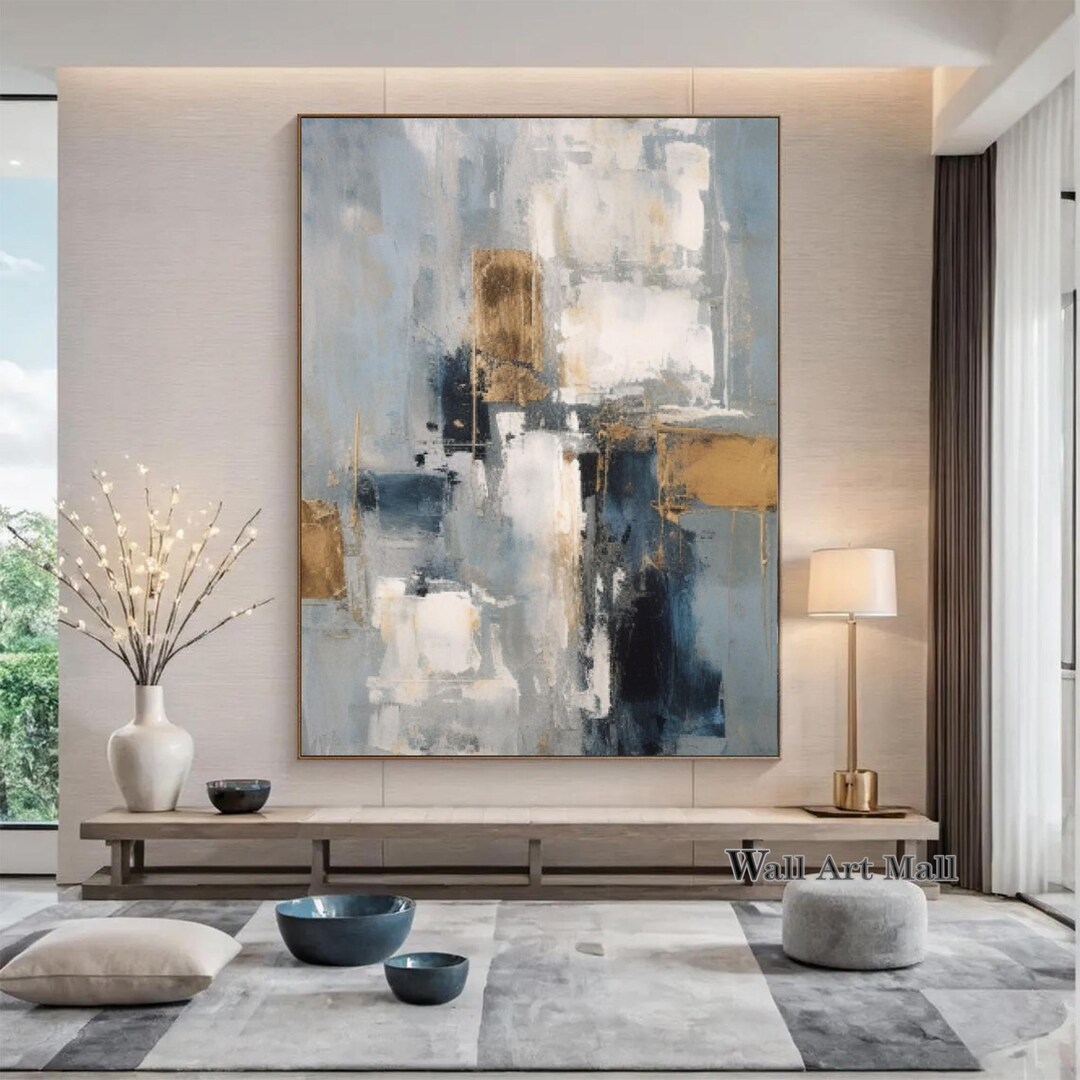 Blue and Gray Abstract Painting Large Gray Blue Abstract Wall Art Gray ...