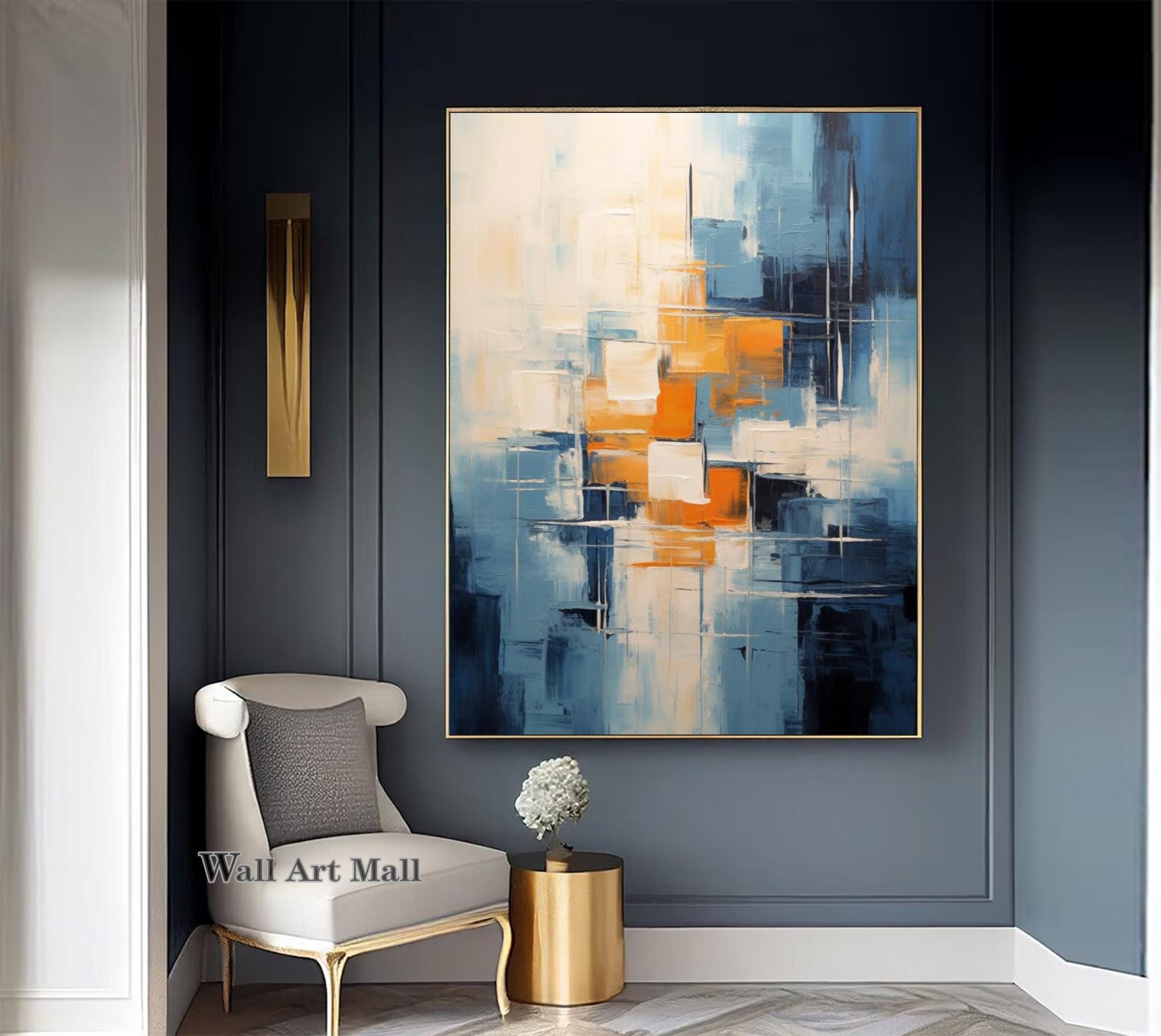 Large Blue Abstract Painting Original Yellow Textured Art Blue Abstract ...