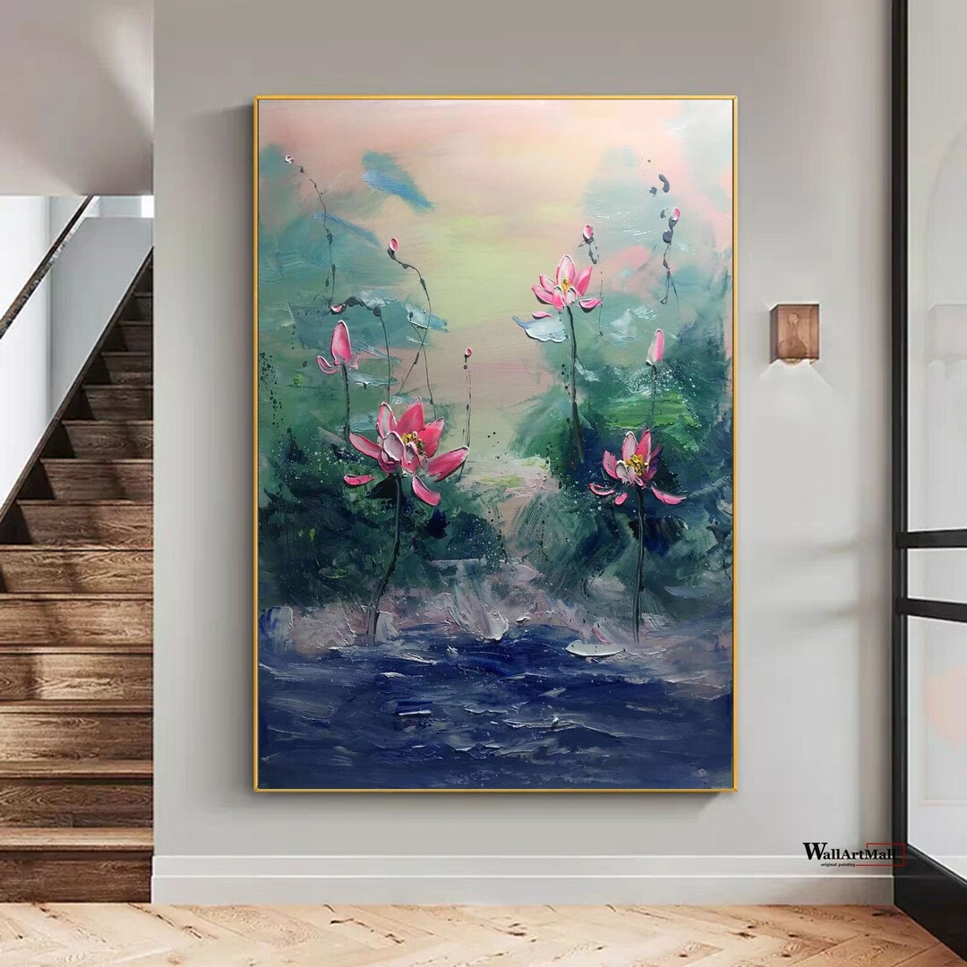 蓮の花の絵 大きな蓮の花の抽象画 花の風景画 モダンなテクスチャ画