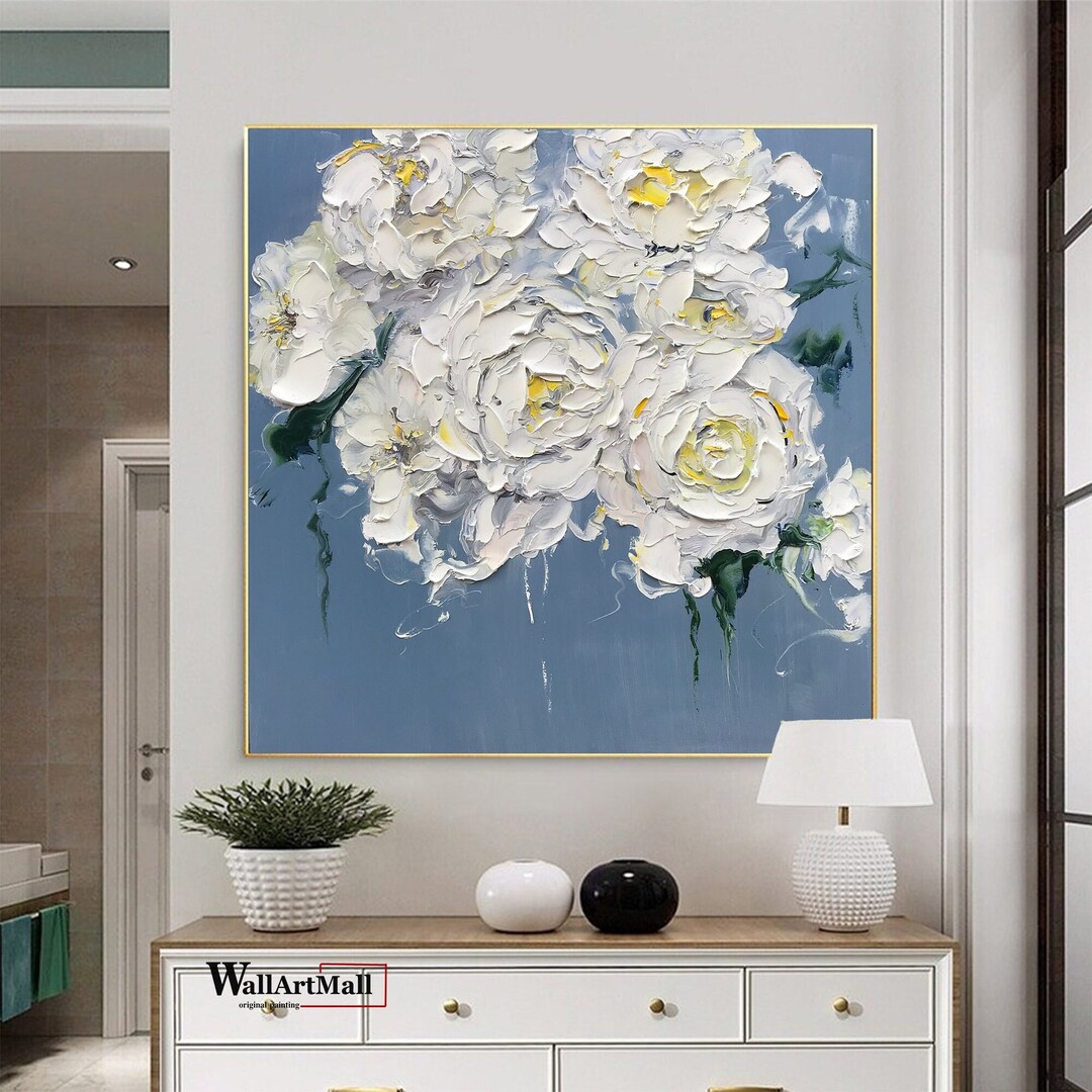 Original White Flower Oil Painting on Canvas Large Wall Art Abstract