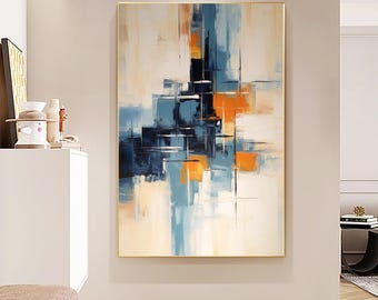 ベージュの抽象キャンバス絵画、大きな青オレンジのミニマリスト抽象