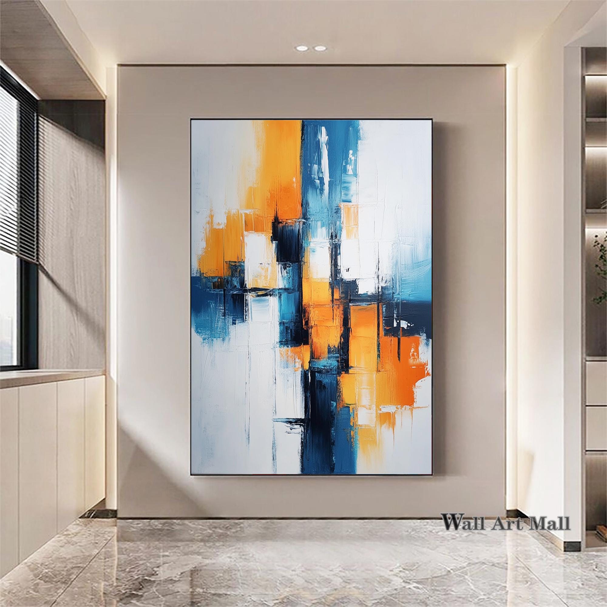 大きな青オレンジの抽象画 青の幾何学的なキャンバスの抽象画 オレンジ