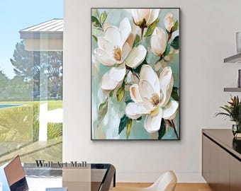thumbnail interactive-video image 1 of Large Floral Canvas Painting - Hand Painted Magnolia & Hydrangea Art For Living Room & Bedroom Decor 1 of 6