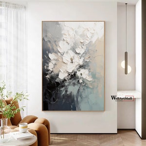 Blooming Abstract Flower Painting Large Black and White Textured Painting White 3D Textured Abstract Wall Art Original Flower Painting image 7