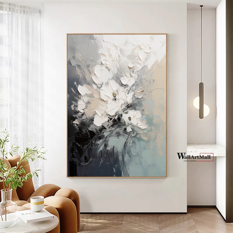 Blooming Abstract Flower Painting Large Black and White Textured Painting White 3D Textured Abstract Wall Art Original Flower Painting image 7