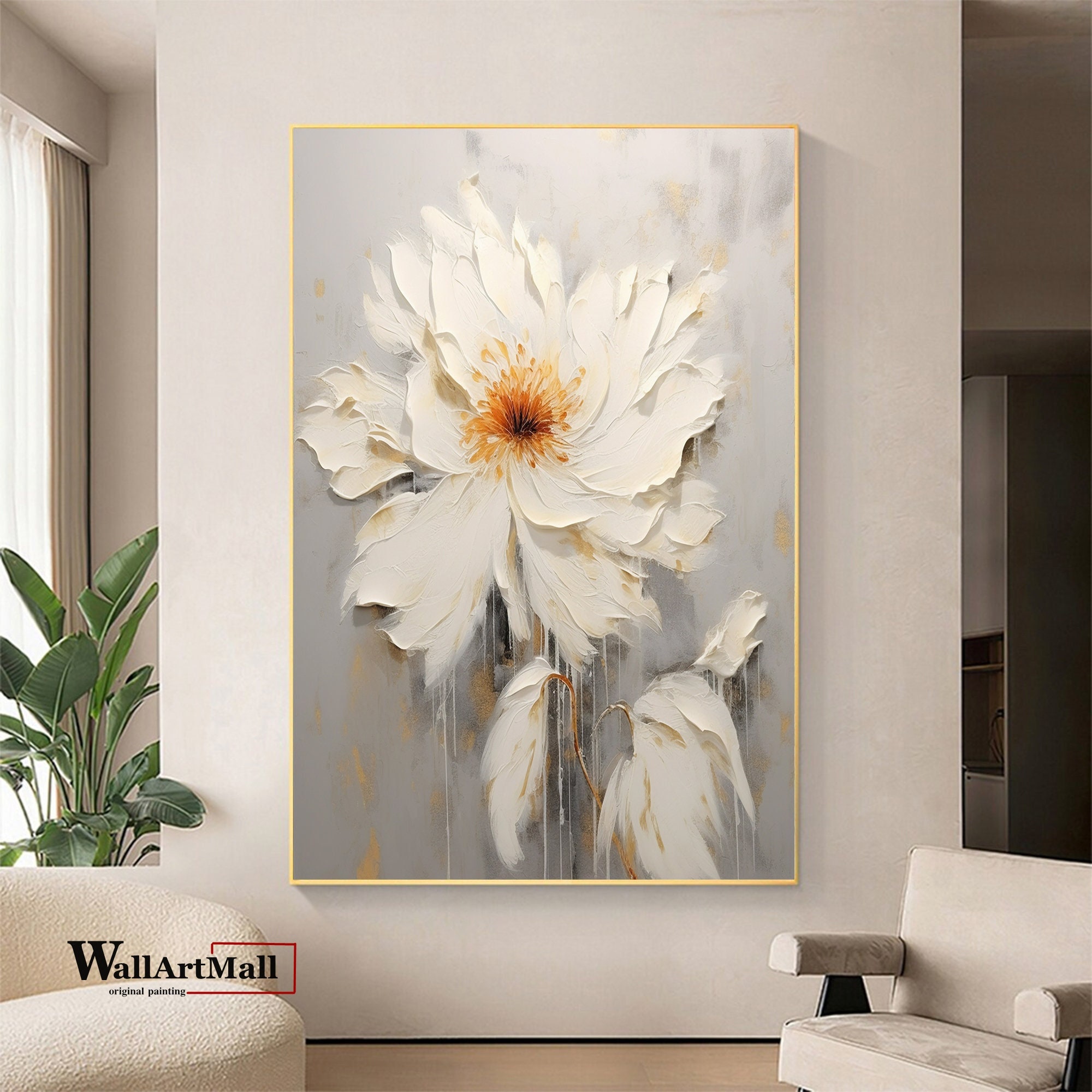 3D Large White Flowers Oil Painting on Canvas Original Acrylic Painting
