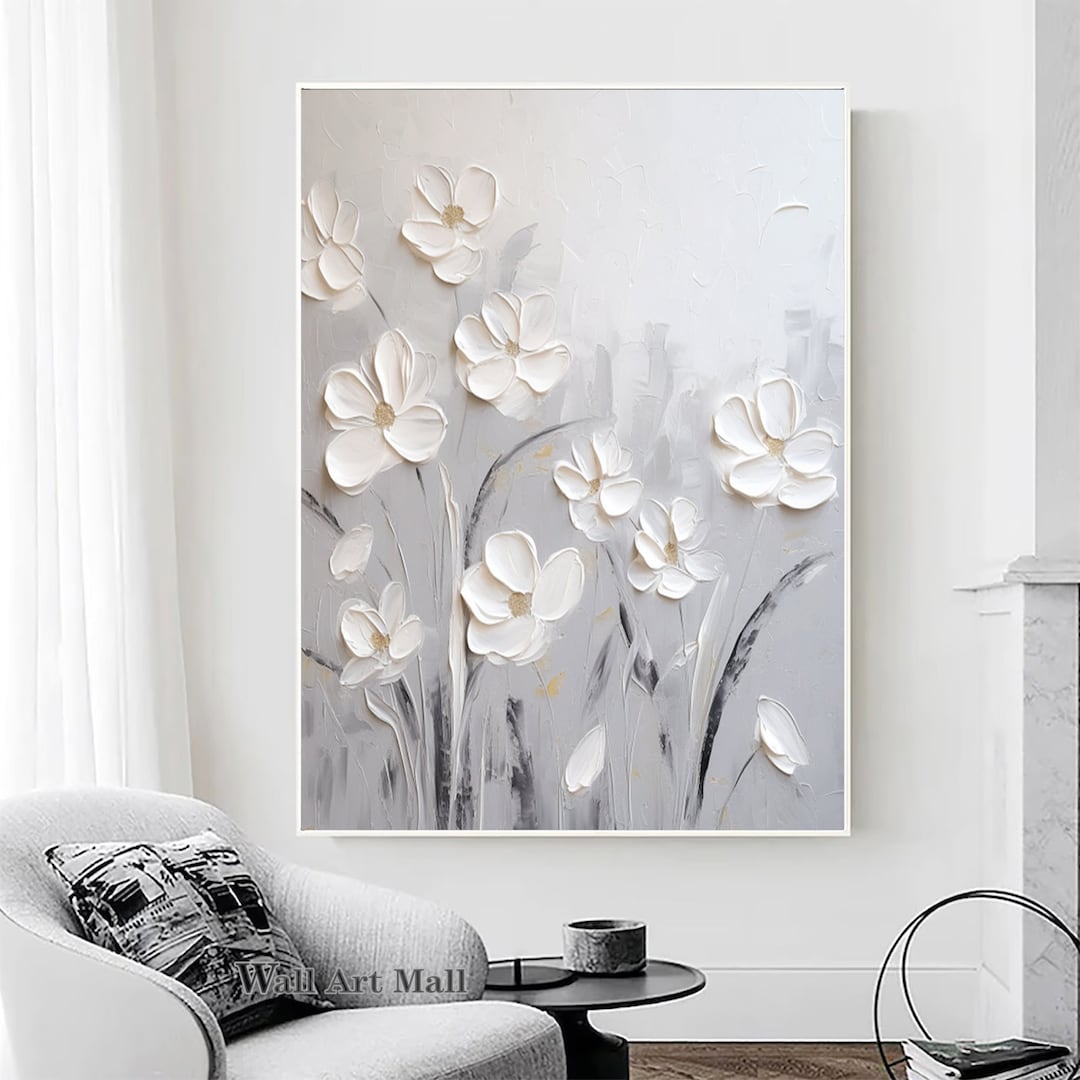 3D Texture White Flower Painting Original Gray White Abstract Oil ...