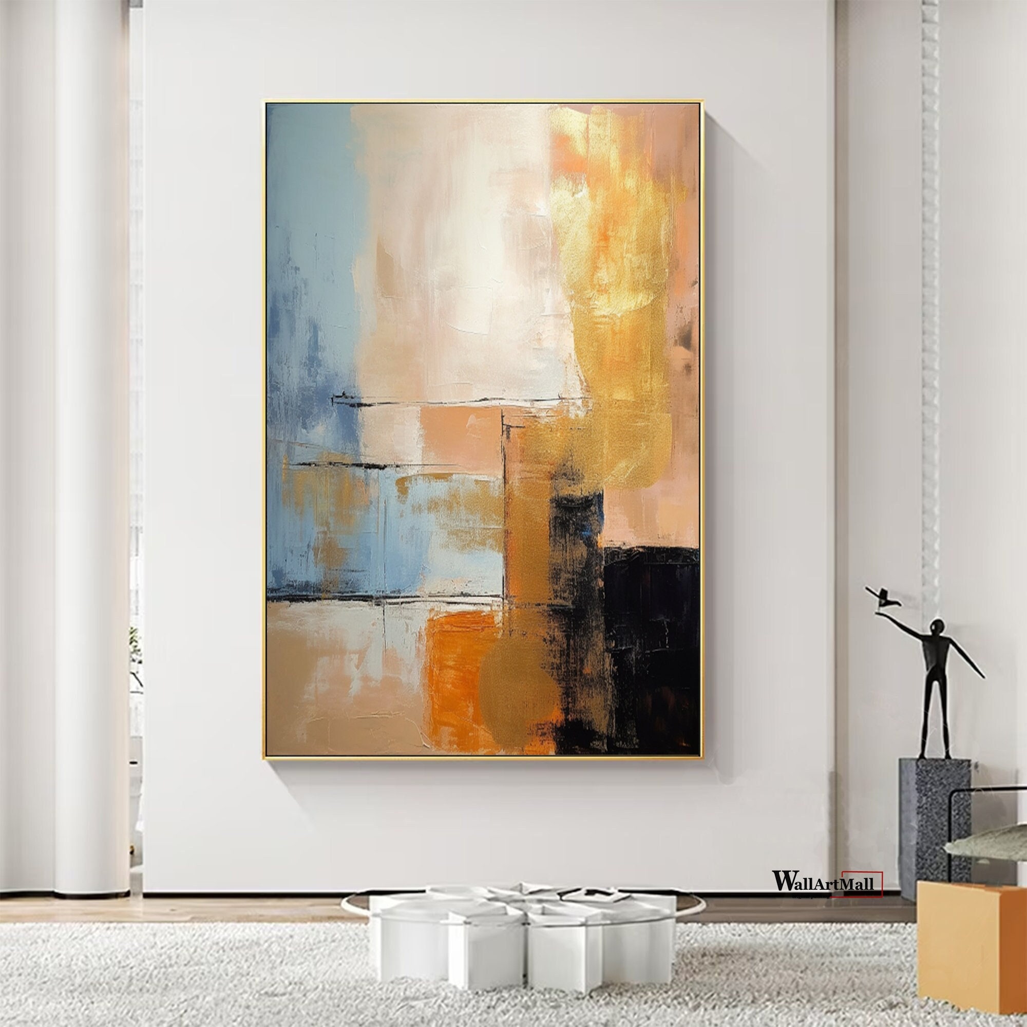 Set Di 3 Quadri Astratti Su Tela | Pittura Moderna Blu E Marrone | Pennellate Neutre Per Soggiorno E Camera Da Letto | 30x40 Cm