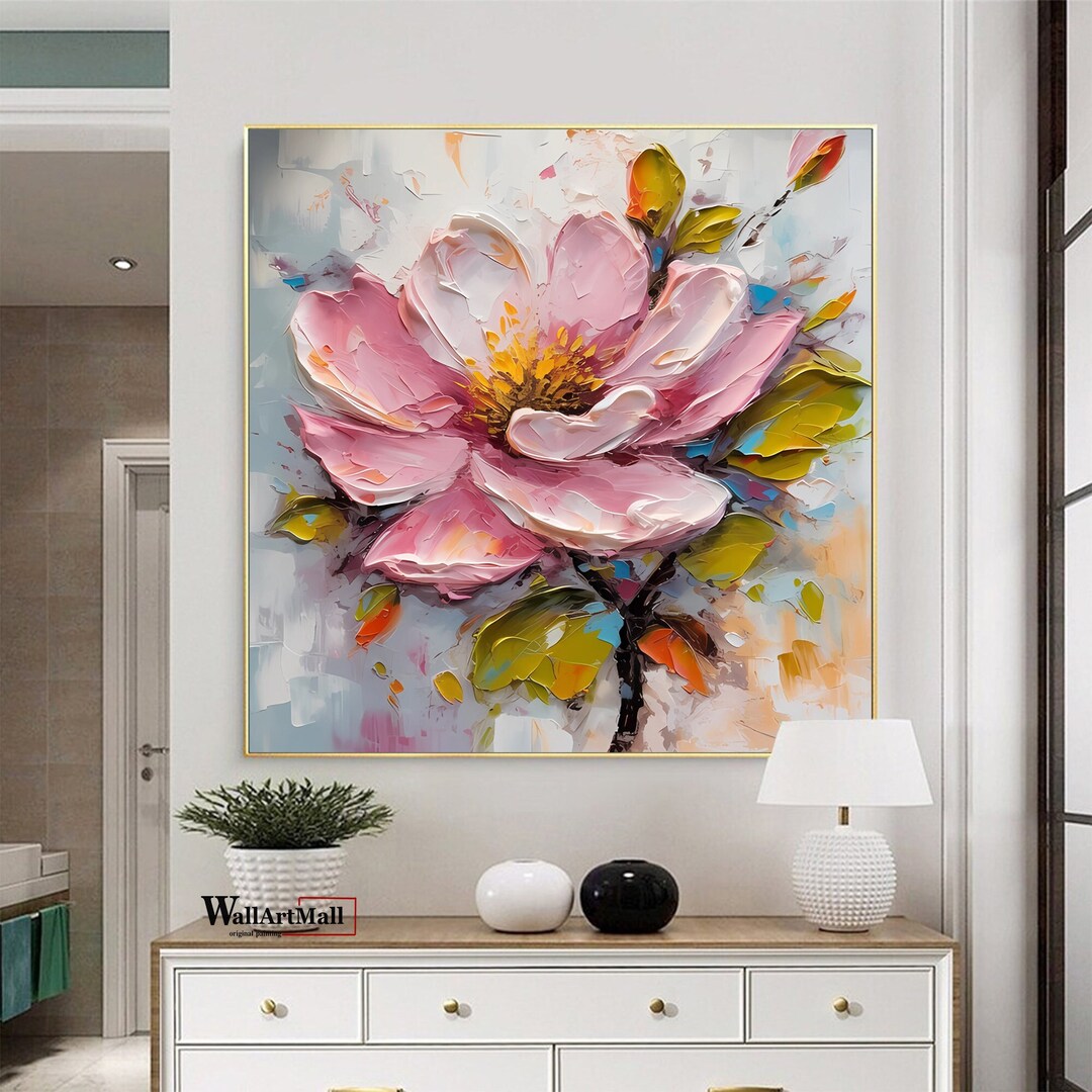 Large Thick Texture Flower Painting Original Abstract Pink Flower