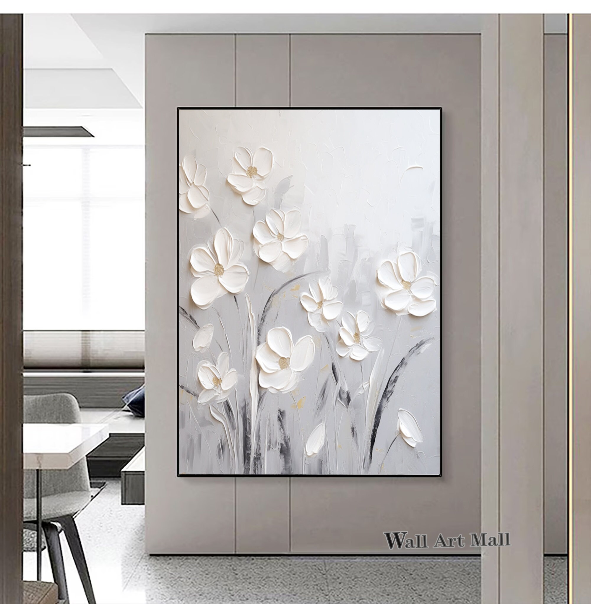 3D Texture White Flower Painting Original Gray White Abstract Oil ...