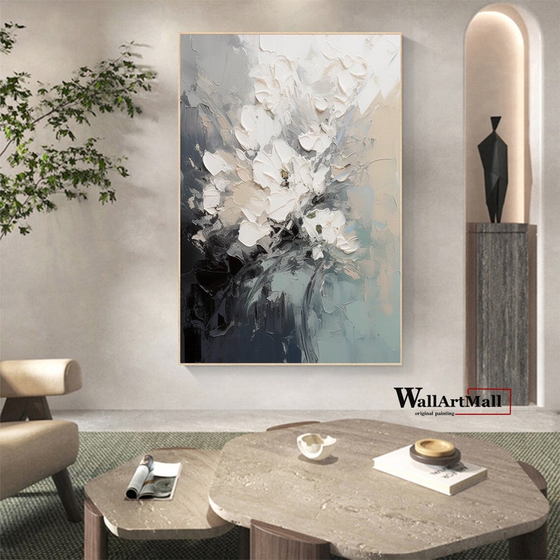 Peinture de fleurs abstraites épanouies Grande peinture texturée noir et blanc 3D blanc texturé Art mural abstrait peinture originale de fleurs image 1