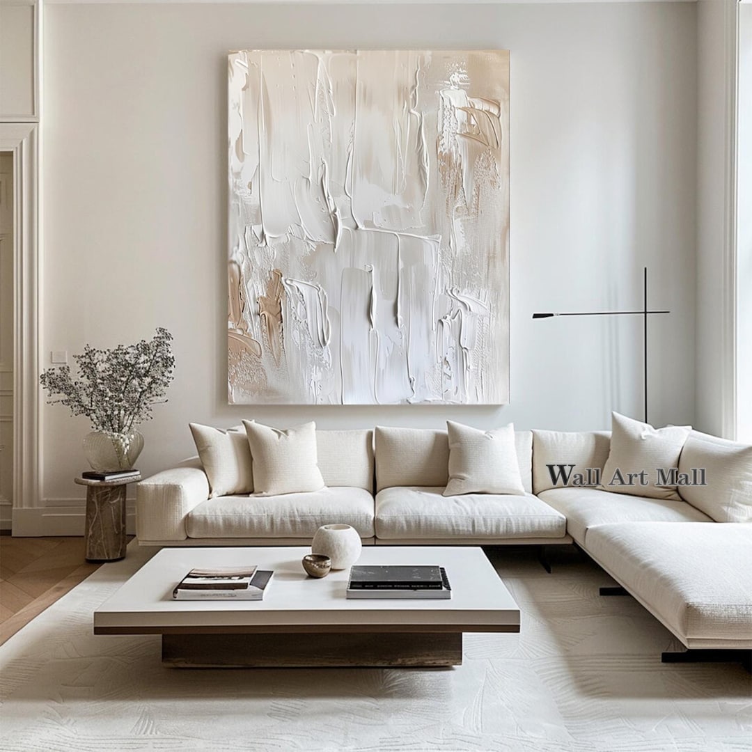 Image showcasing White Textured Wall Art Large 3D White Textured Painting Light Brown ...