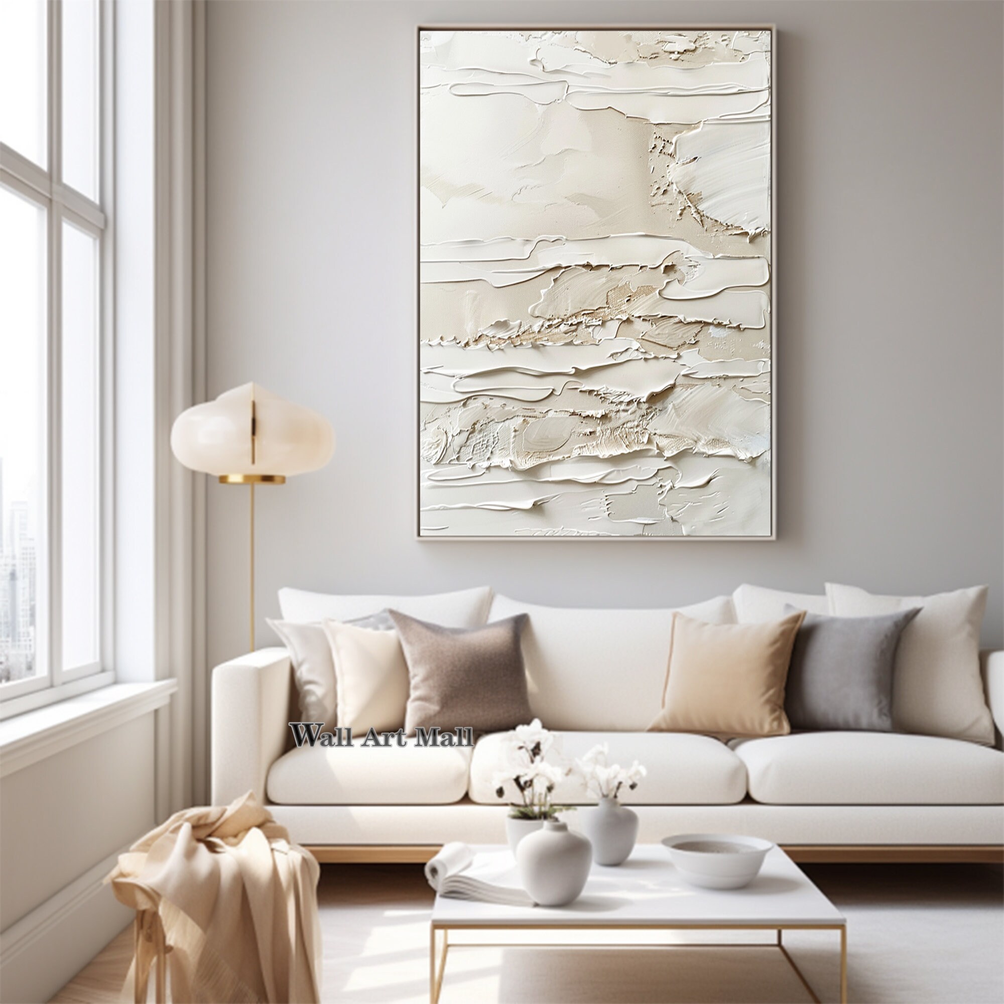 Beige and White Abstract Canvas Painting Large Minimalist Beige Canvas ...