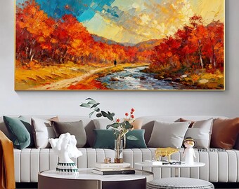 Large Abstract Colorful Forest Landscape Painting Original Autumn Red Maple Tree 3D Textured Abstract Art Hiking Mountain Wall Art