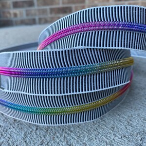 size 5 zipper tape, stripe, striped zipper tape, zipper by the yard, custom zipper tape, metallic rainbow