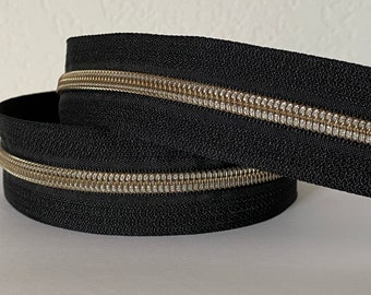 Size 5 black zipper tape with nylon antique bronze teeth, zipper by the yard, antique brass