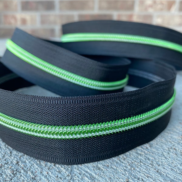 Glow in the dark zipper tape, black tape with green teeth, glow in the dark, #5 zipper by the yard, zipper tape