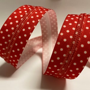 zipper tape with dots, red zipper, zipper by the yard, zipper tape, custom zipper tape, Size 5 zipper image 1