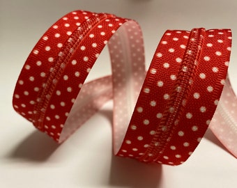 zipper tape with dots, red zipper, zipper by the yard, zipper tape, custom zipper tape, Size #5 zipper