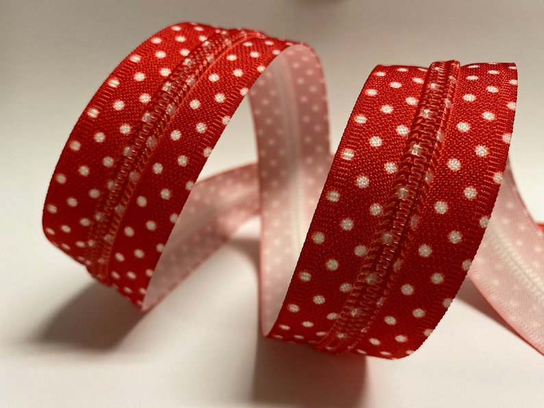 zipper tape with dots, red zipper, zipper by the yard, zipper tape, custom zipper tape, Size 5 zipper image 1