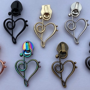 Exclusive design, heart zipper pull, treble clef, bass clef, 5 pack, #5 zipper pull