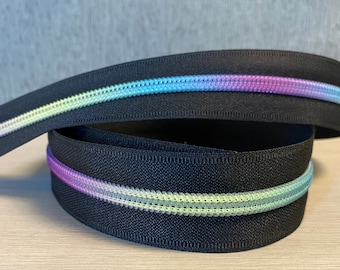 size 5 zipper tape, black zipper tape, translucent rainbow teeth, rainbow zipper, zipper by the yard