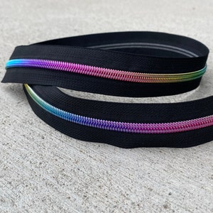size 5 zipper tape, black zipper tape, metallic rainbow teeth, rainbow zipper, zipper by the yard,