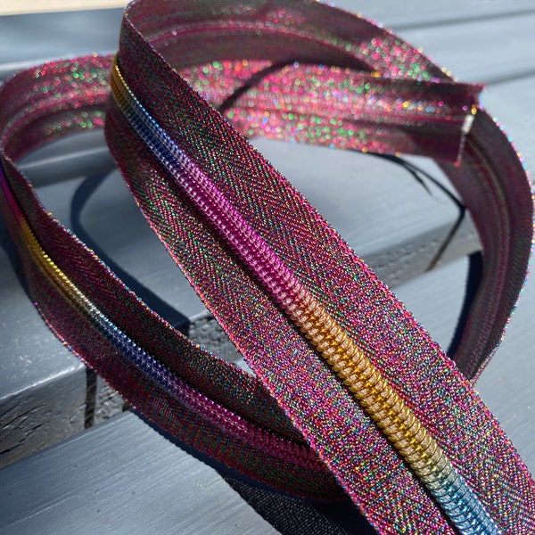 size 5 metallic rainbow zipper tape by the yard, rainbow teeth