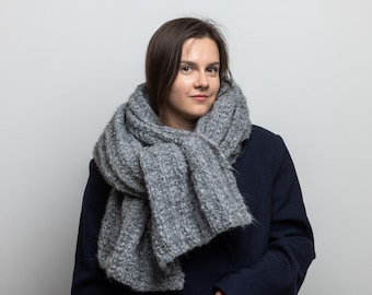 Grey Oversize Extra Long Scarf, Unisex winter Hand Knitted Shawl, woman, man scarf, warm extra long, mohair women, men scarf