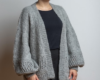 Cárdigan de punto para mujer, gris, ligero, elegante, cálido, cómodo, hecho a mano, versátil, lana merino, alpaca, abierto por delante, punto de encaje