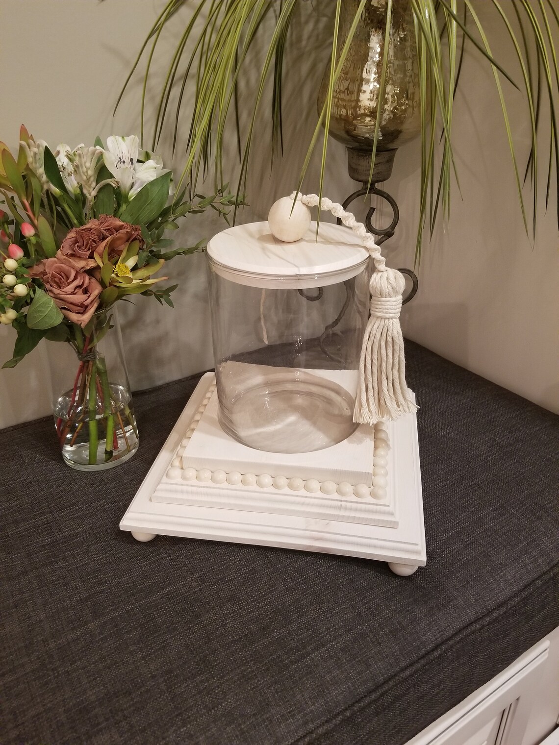 Home Decor Wood Riser Stand with wood beads and glass Etsy