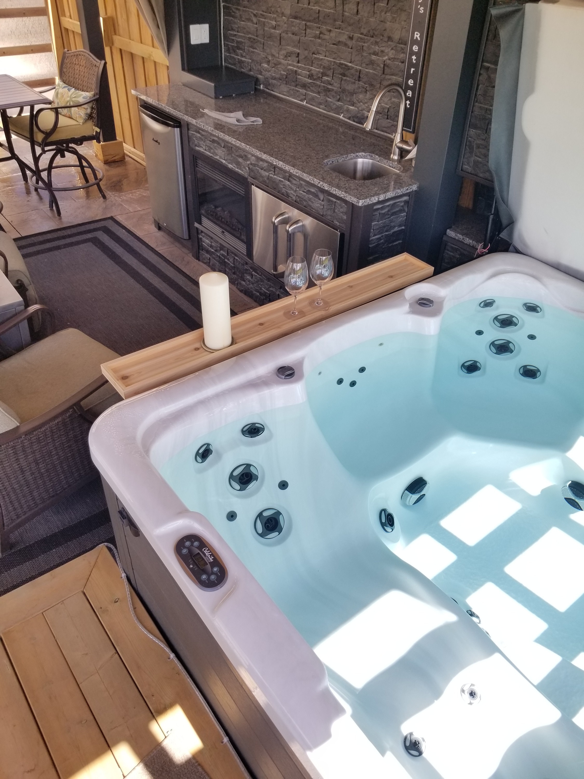 Hot tub table online and towel rack